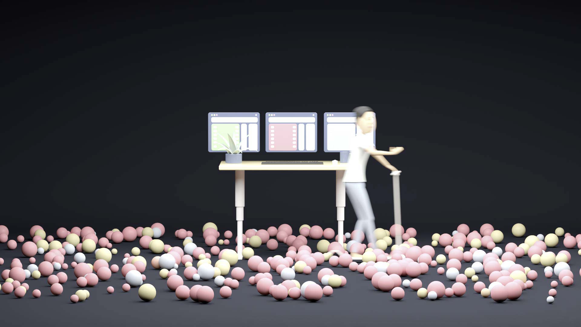 A co-worker enters the workspace represented by a height-adjustable desktop. The co-worker uses an e-scooter. In the room, there are numerous rolling balls representing itesign-developed apps.